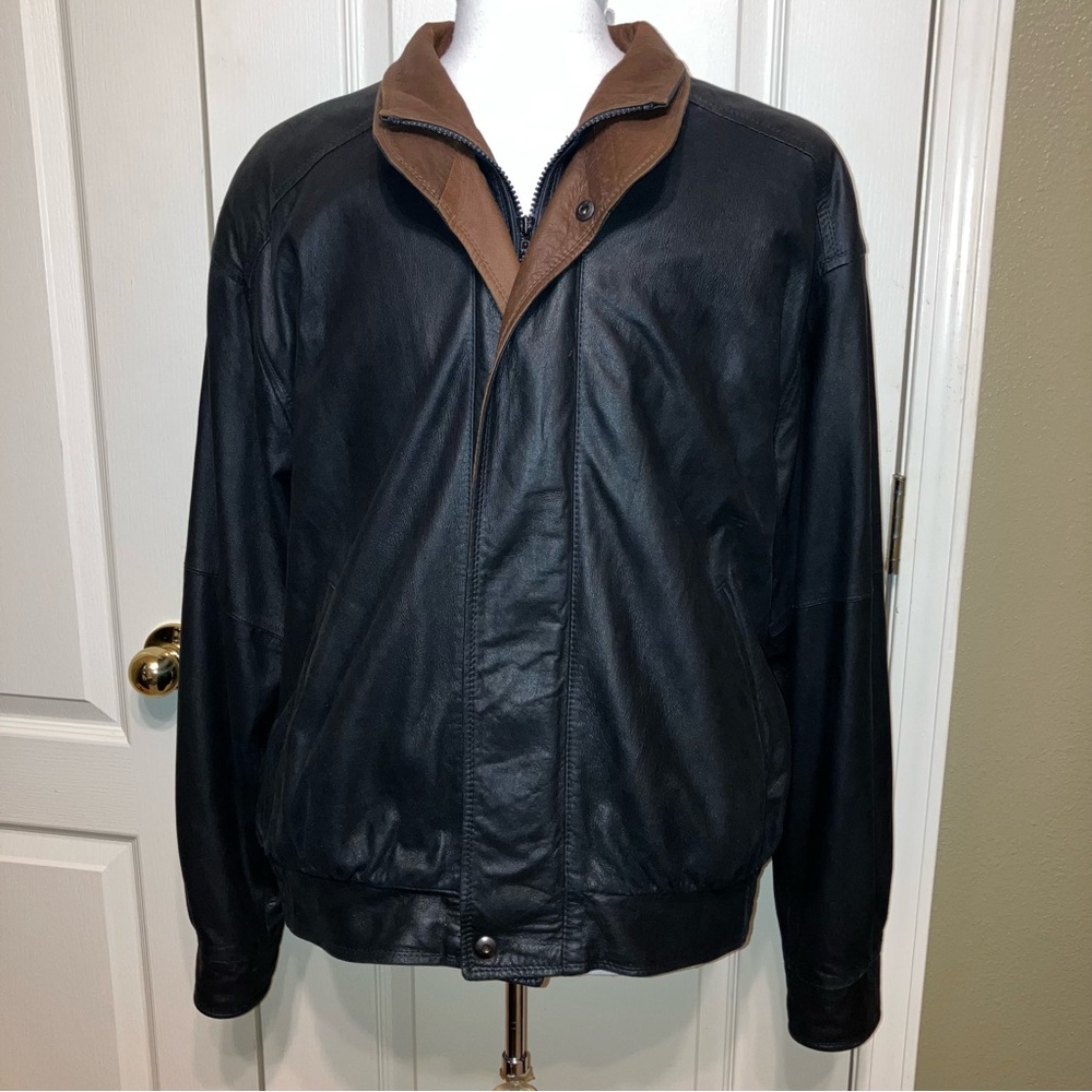 REMY Leather Jacket DOUBLE COLLAR Black / Brown - Sz 44 Made in USA EXCELLENT!